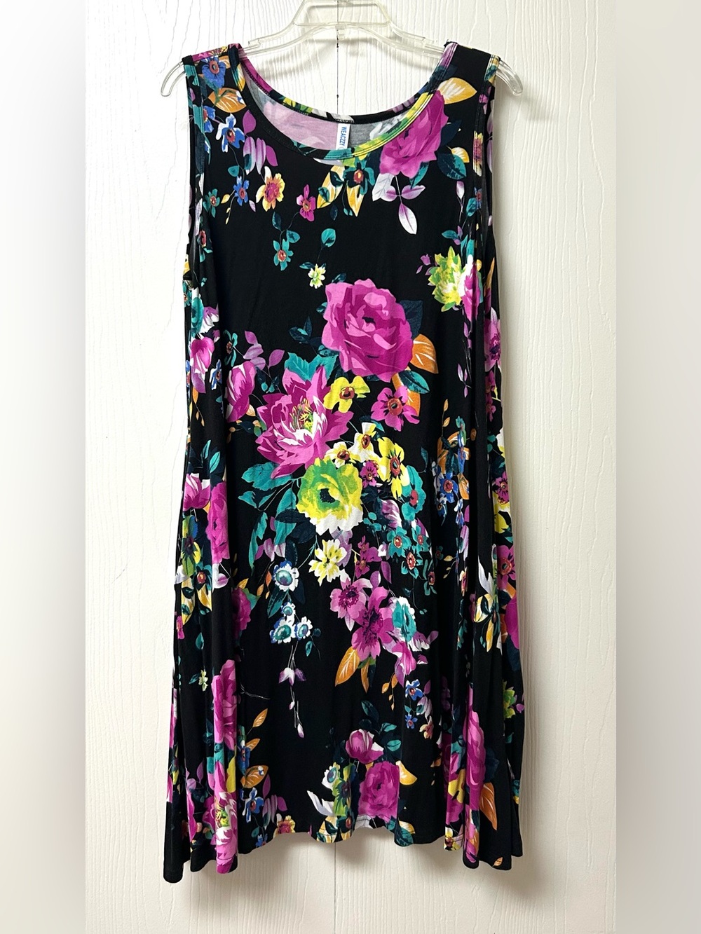 Floral Sleeveless Swing Dress in Black and Pink with Pockets